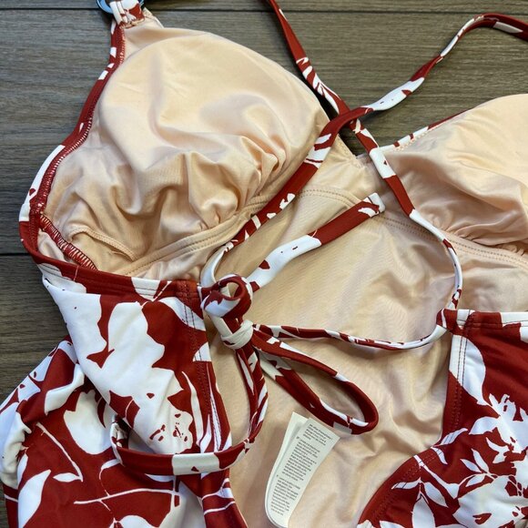 Cupshe Floral One Piece Swimsuit Womens XL O-Ring Back Tie Straps V Neck Red NEW - Picture 9 of 11